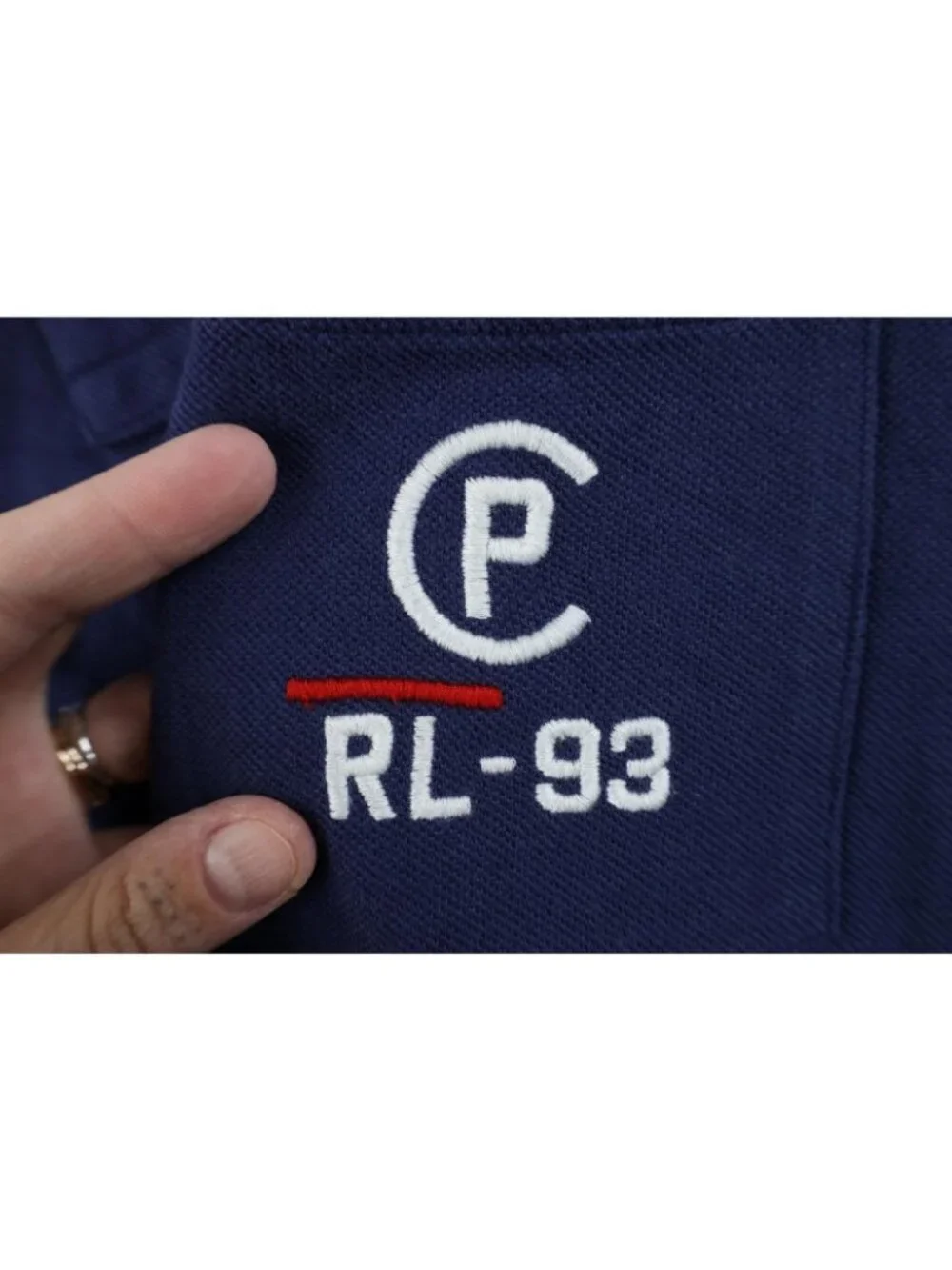 Vintage Ralph Lauren Mens Large Spell Out CP RL 93 Collared Golf Polo Shirt Blue